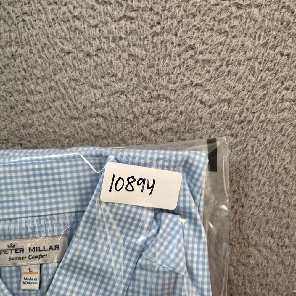 Peter Millar Summer Comfort Blue Gingham Fortinet Logo Shirt Mens Large L
